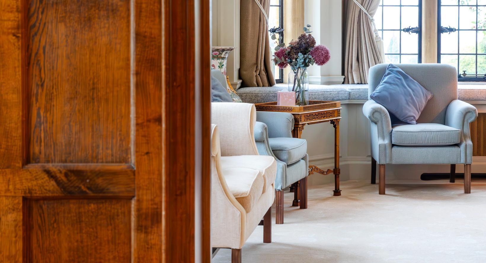 The reception room in the main Country House at Newlands Care Home in Stow on the Wold in the Cotswolds