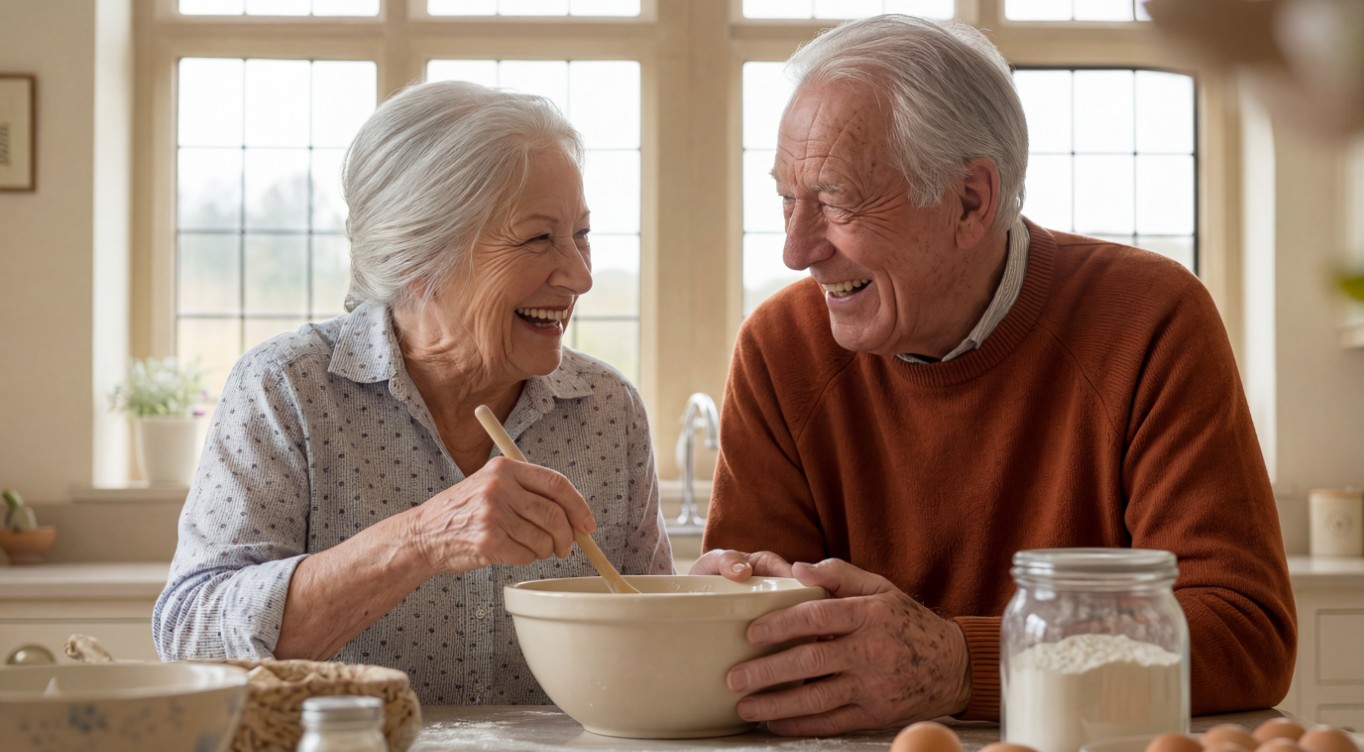 A couple who are residents at Newlands of Stow baking a cake in their kitchen